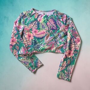 Art Class Tropical Floral Crop Swim Top - Green & Pink. Size S 6/7
